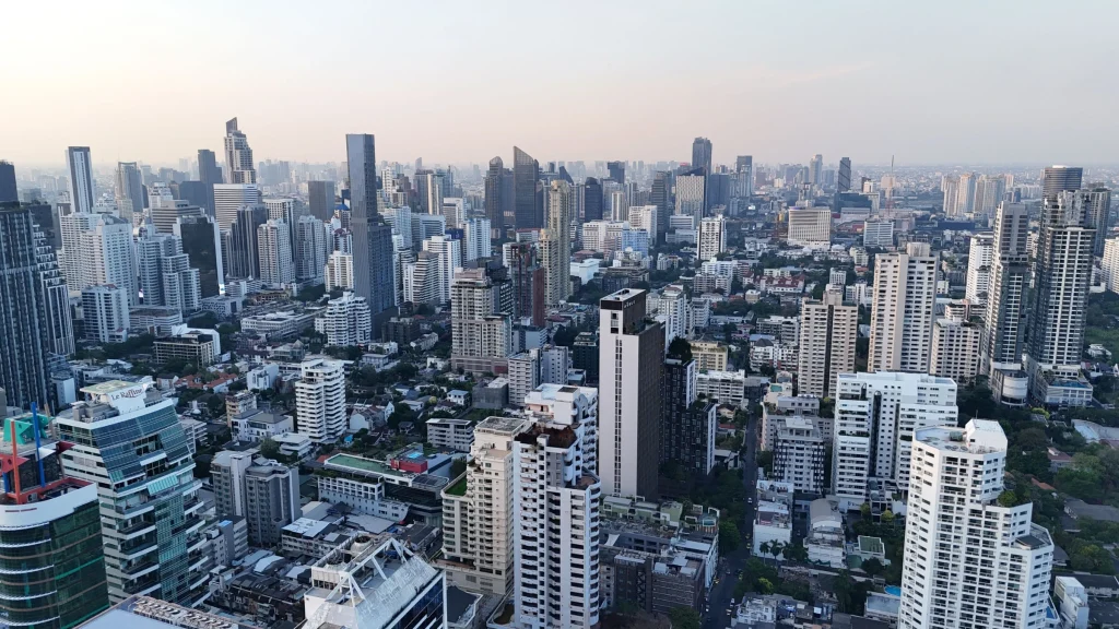 Panoramic view of Bangkok skyline with high-rise buildings and urban development
