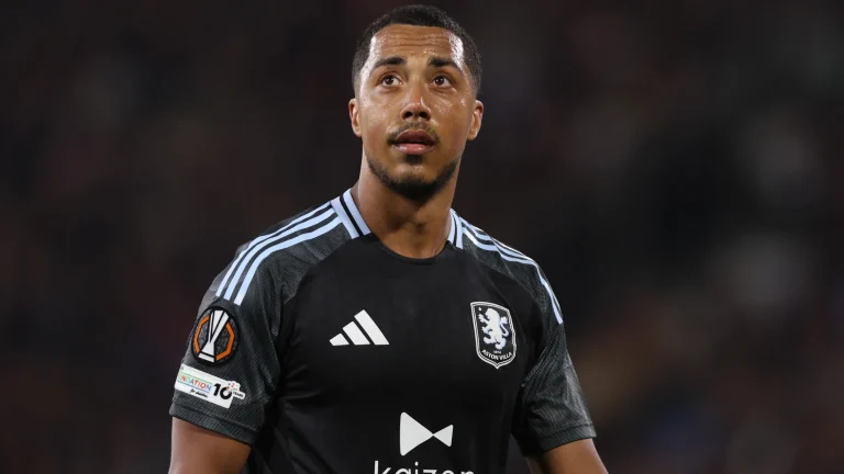 Football player Youri Tielemans wearing an Aston Villa kit during a competitive match