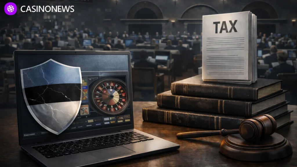 Laptop showing online casino interface beside tax documents and gavel in a parliamentary setting