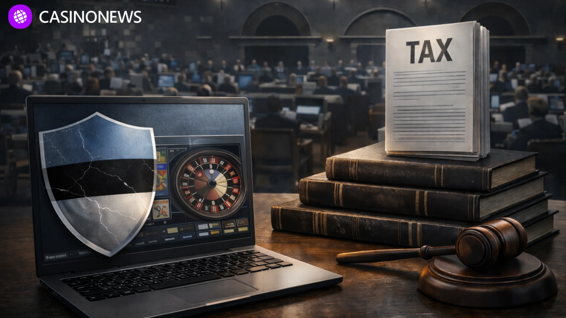 Laptop showing online casino interface beside tax documents and gavel in a parliamentary setting