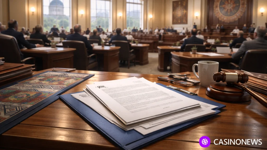 Maine legislative chamber with bill documents on a desk during debate on online casino legislation.