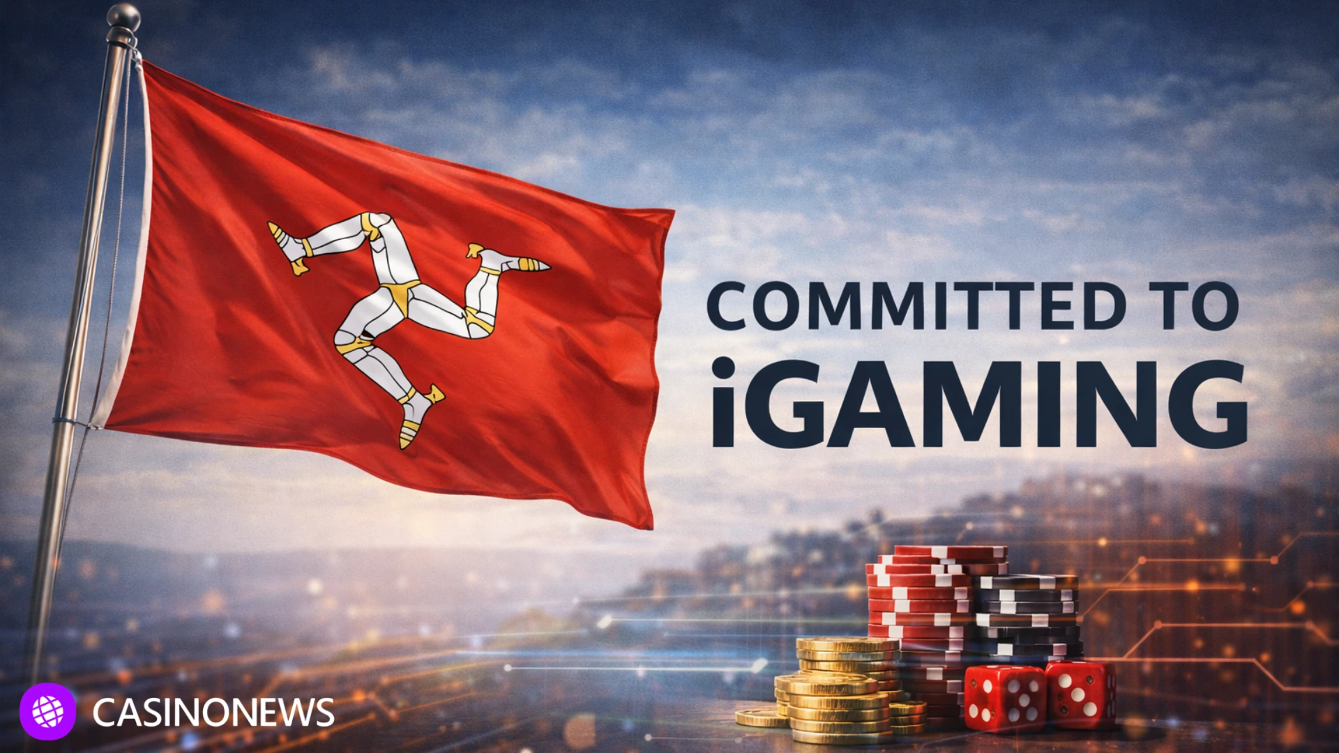 Isle of Man flag with casino chips and digital background representing iGaming
