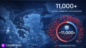 Data-style image showing Greece blocking thousands of illegal online gambling and casino websites.