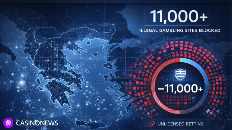 Data-style image showing Greece blocking thousands of illegal online gambling and casino websites.