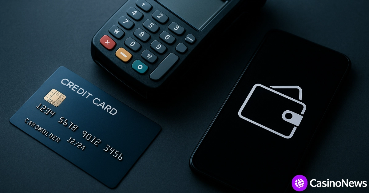 Credit card, payment terminal, and smartphone with digital wallet icon on dark background, CasinoNews branding visible.