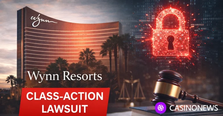 Exterior of Wynn Las Vegas with legal and cybersecurity concept elements representing federal class-action lawsuit over data breach