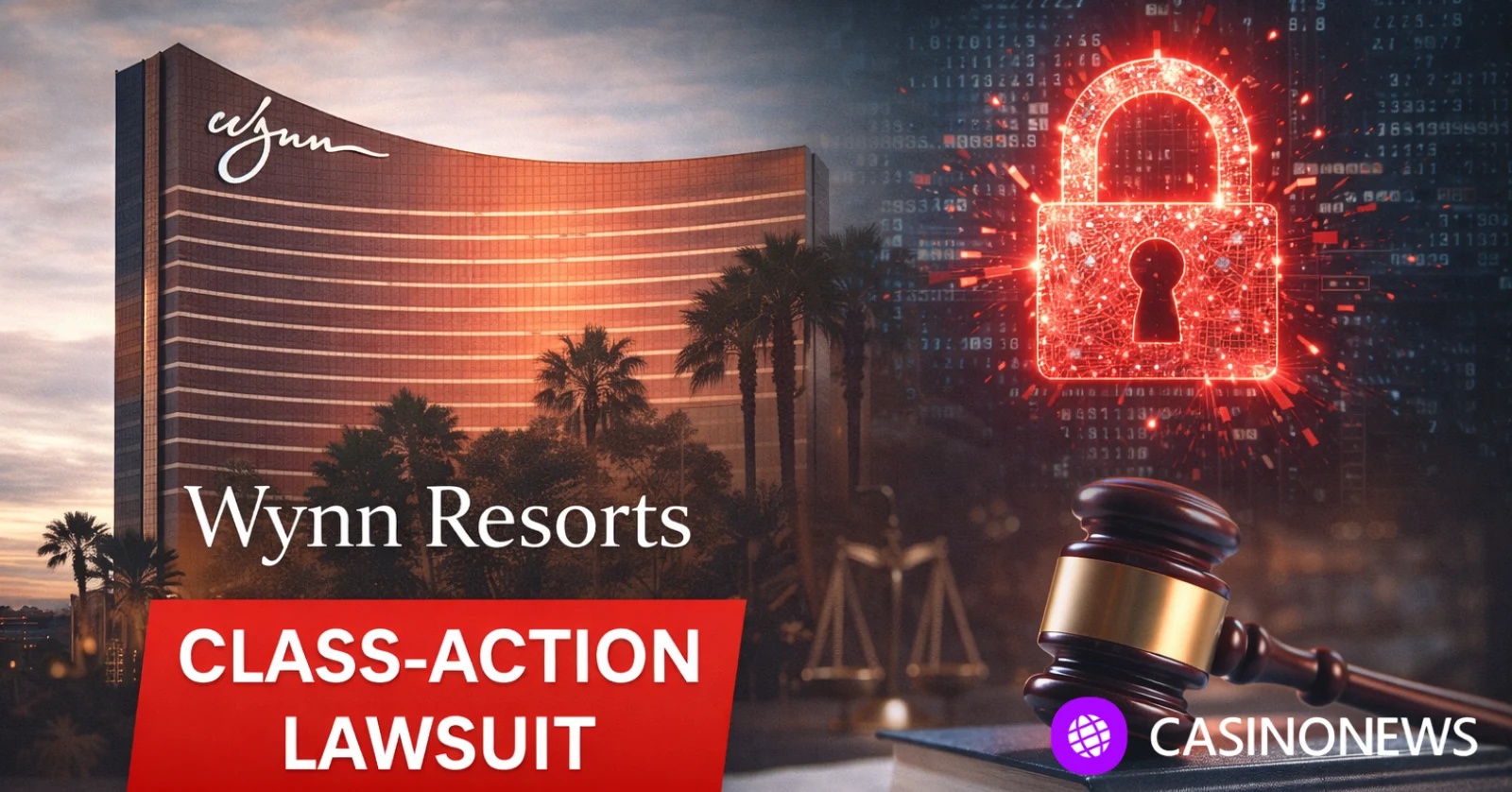 Exterior of Wynn Las Vegas with legal and cybersecurity concept elements representing federal class-action lawsuit over data breach