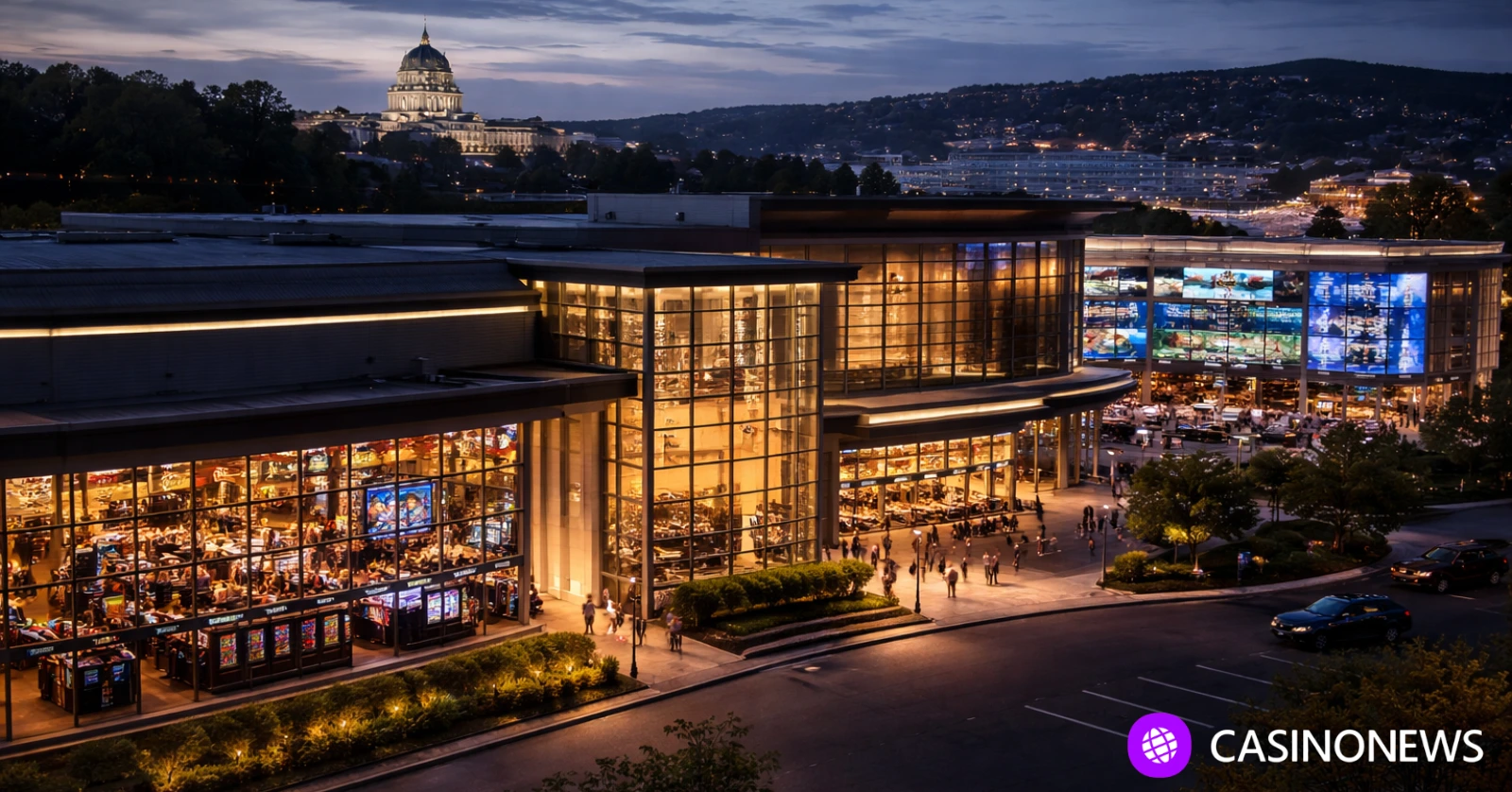 Modern casino complex at night as Greece reviews casino licensing and enforcement reforms
